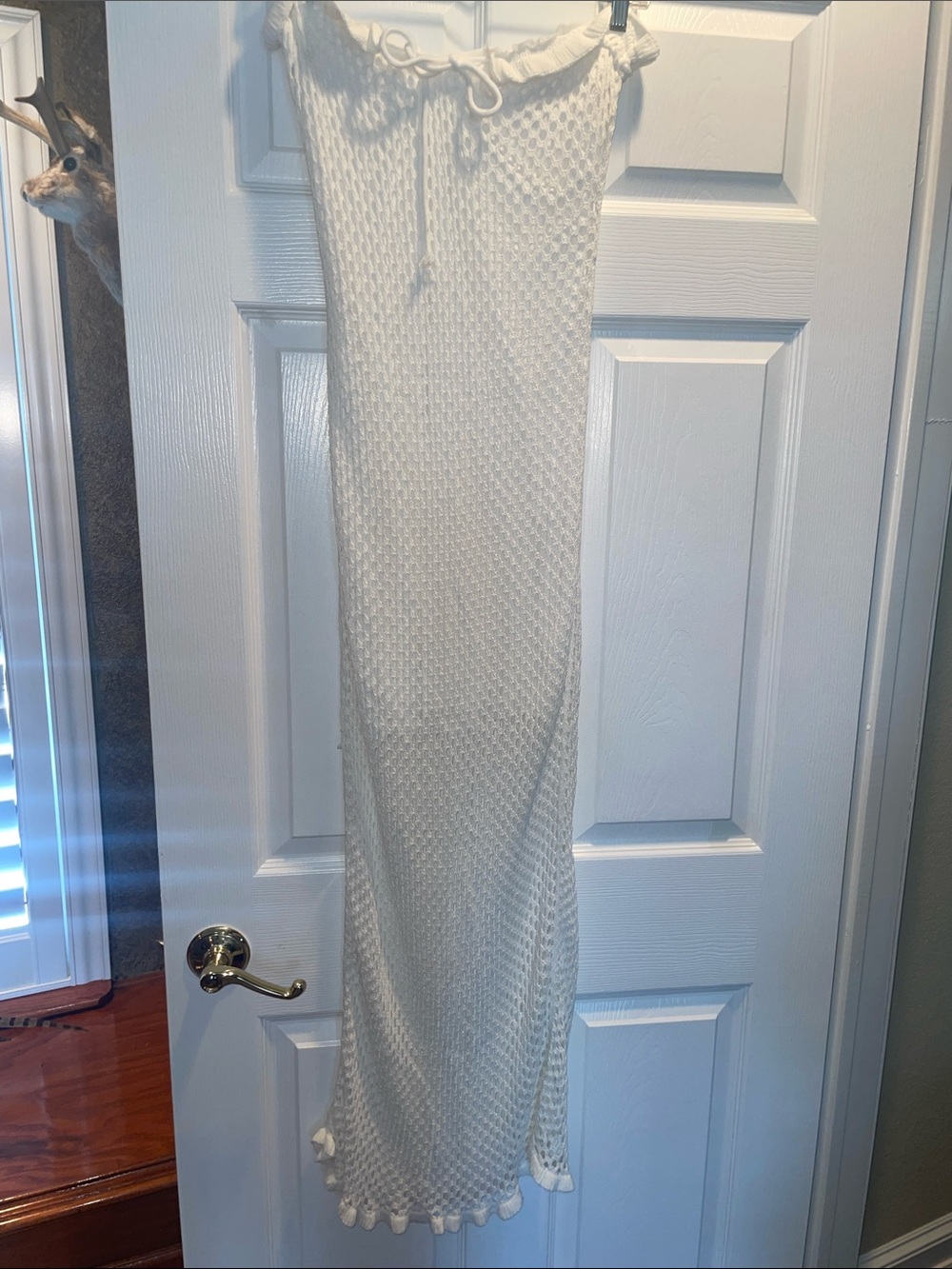 Cream Knit Maxi Cover up / dress with Ruffle Hem, crochet and lined